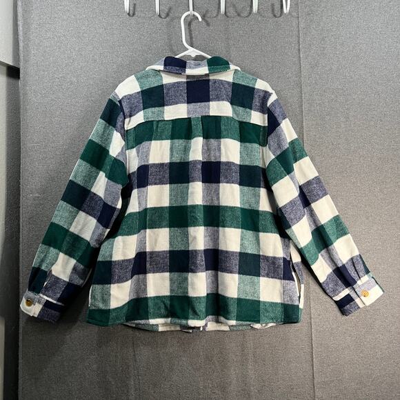 Denim & Co. Canyon Retreat Cozy Plaid Collared Button Front Shac Green X-Large - Picture 2 of 10